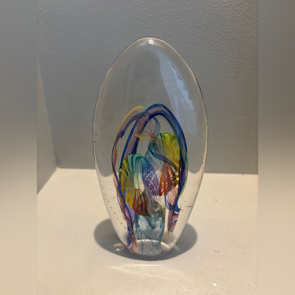 Large glass oval heavy colorful swirl bubble Art Sculpture- Collectable modern